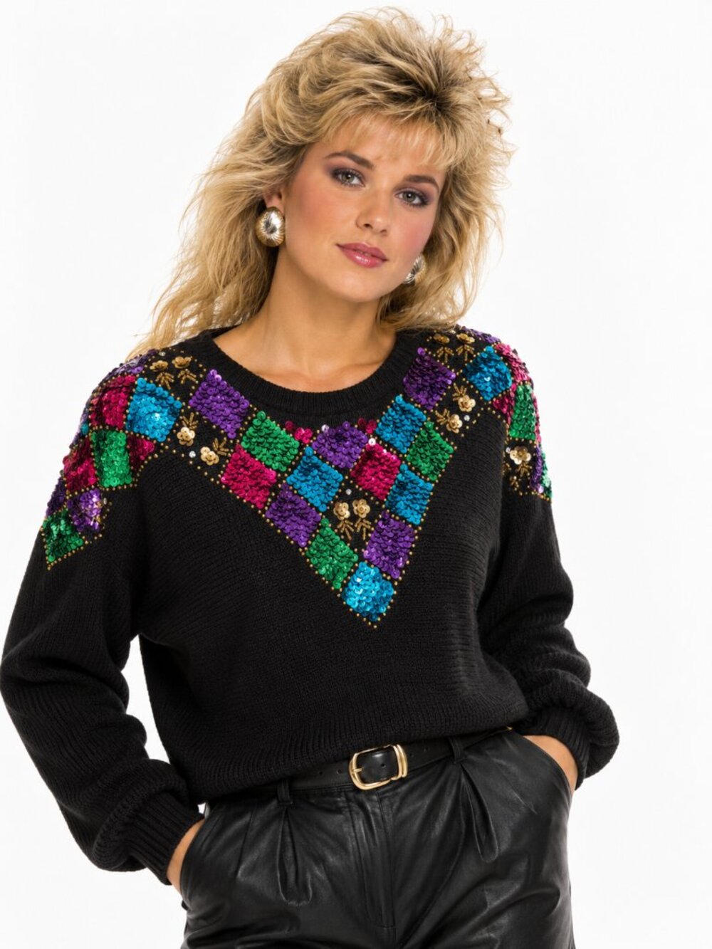 Vintage 80s Sequin Geometric Black Cotton Sweater MP